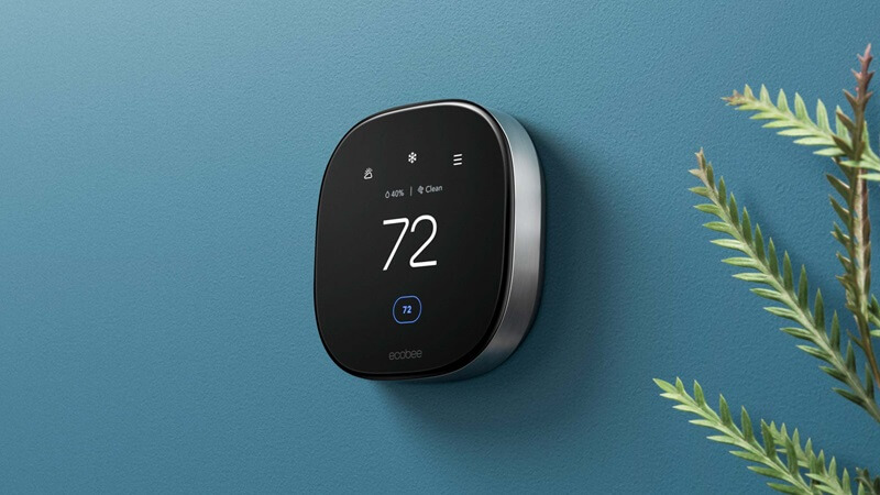 Modern smart thermostat displaying 72 degrees mounted on a blue interior wall, used to showcase professional thermostat installation services in Boca Raton, FL