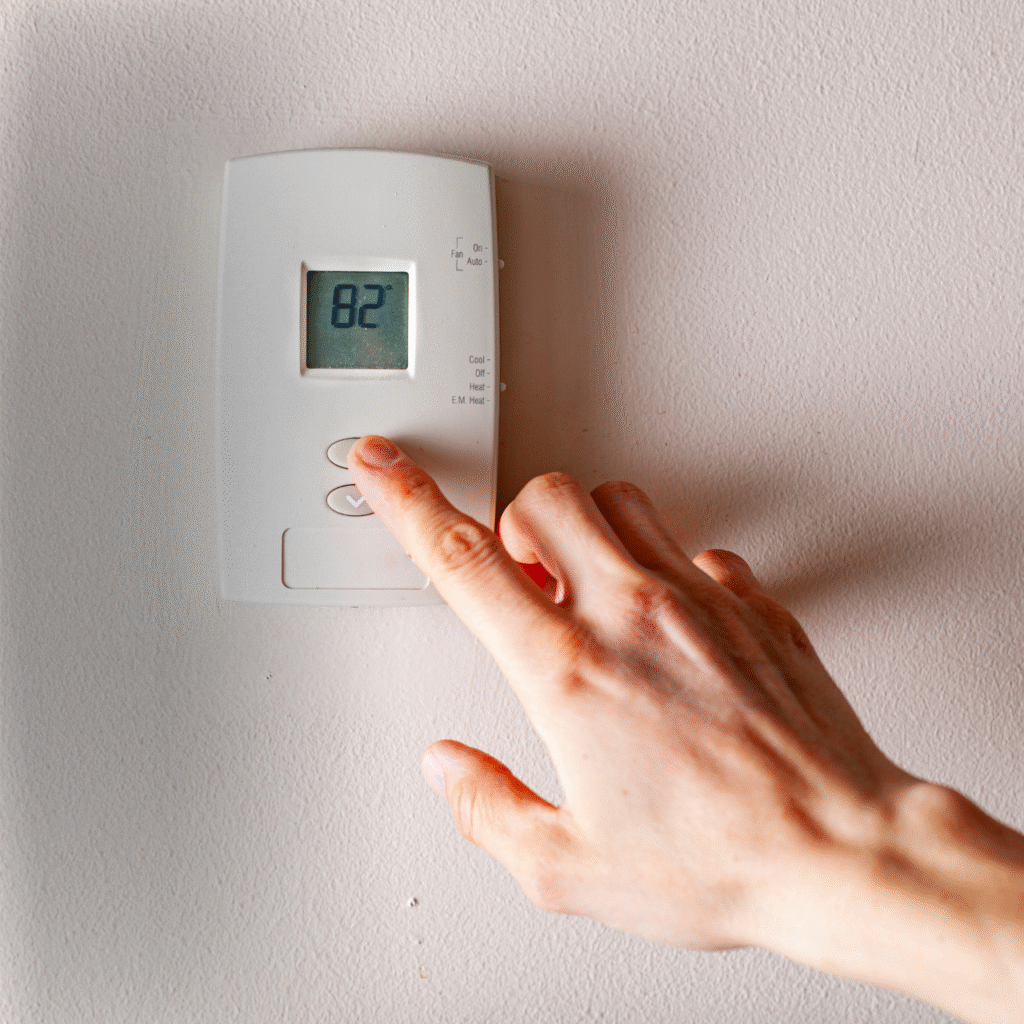 Hand adjusting a wall-mounted digital thermostat set to 82 degrees, representing thermostat troubleshooting and replacement services.